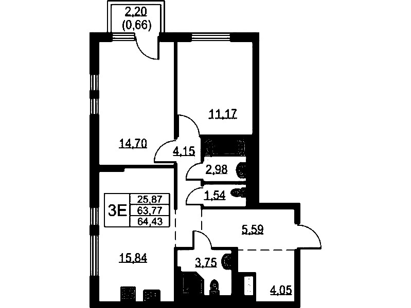 2-комнатная квартира 64.43 м², 2/18 эт., ЖК «Невская Долина»